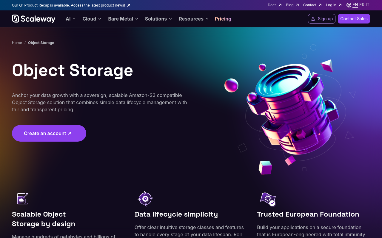 Scaleway Object Storage homepage screenshot
