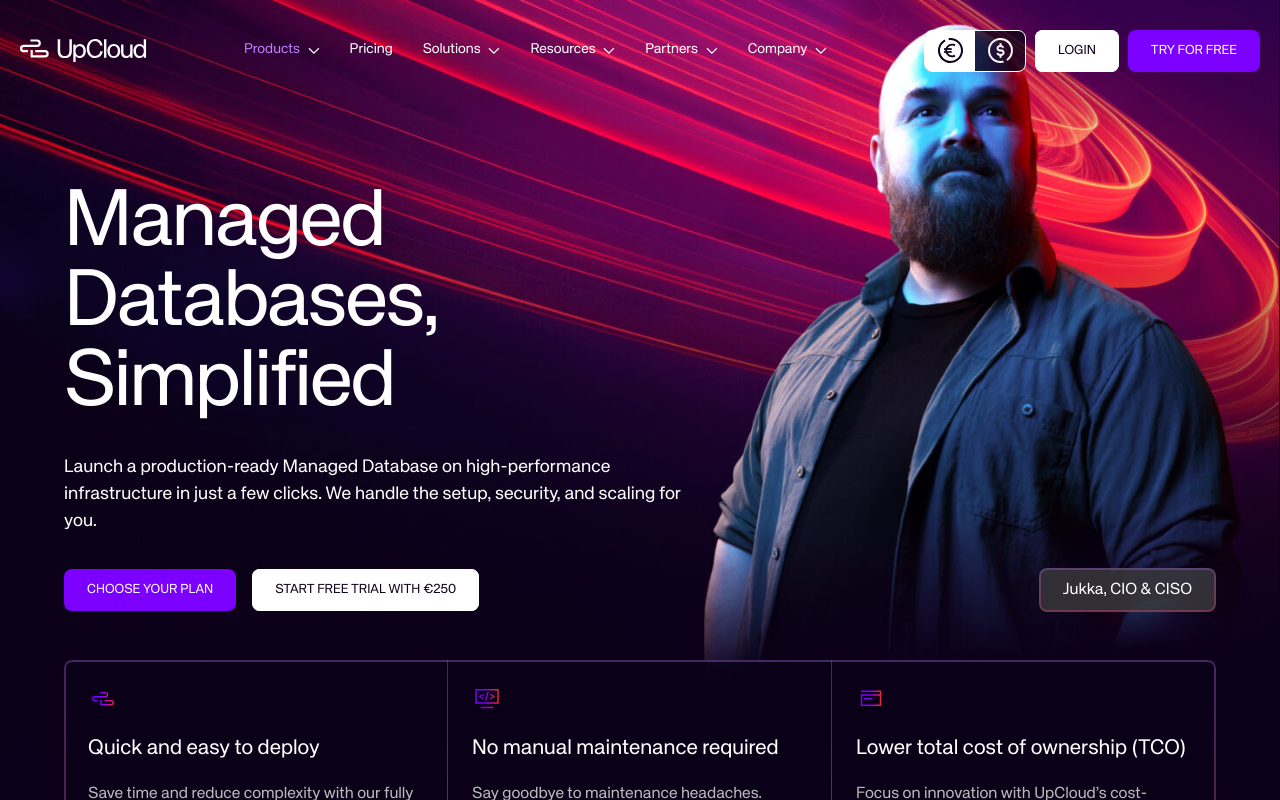 UpCloud Database homepage screenshot