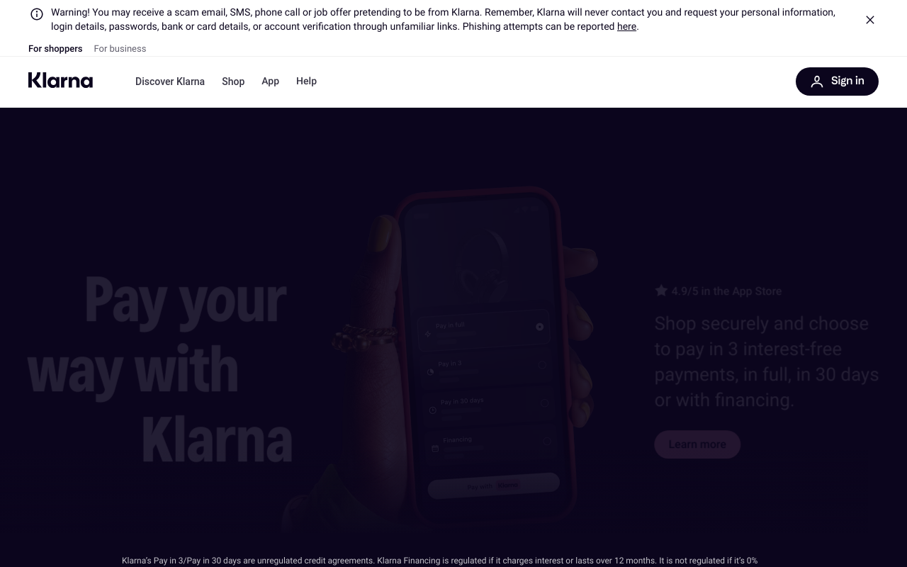 Klarna homepage screenshot