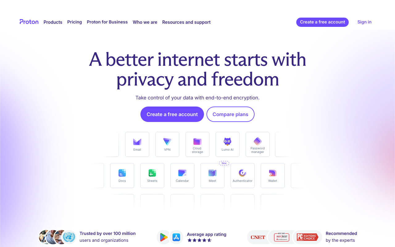 Proton Mail homepage screenshot