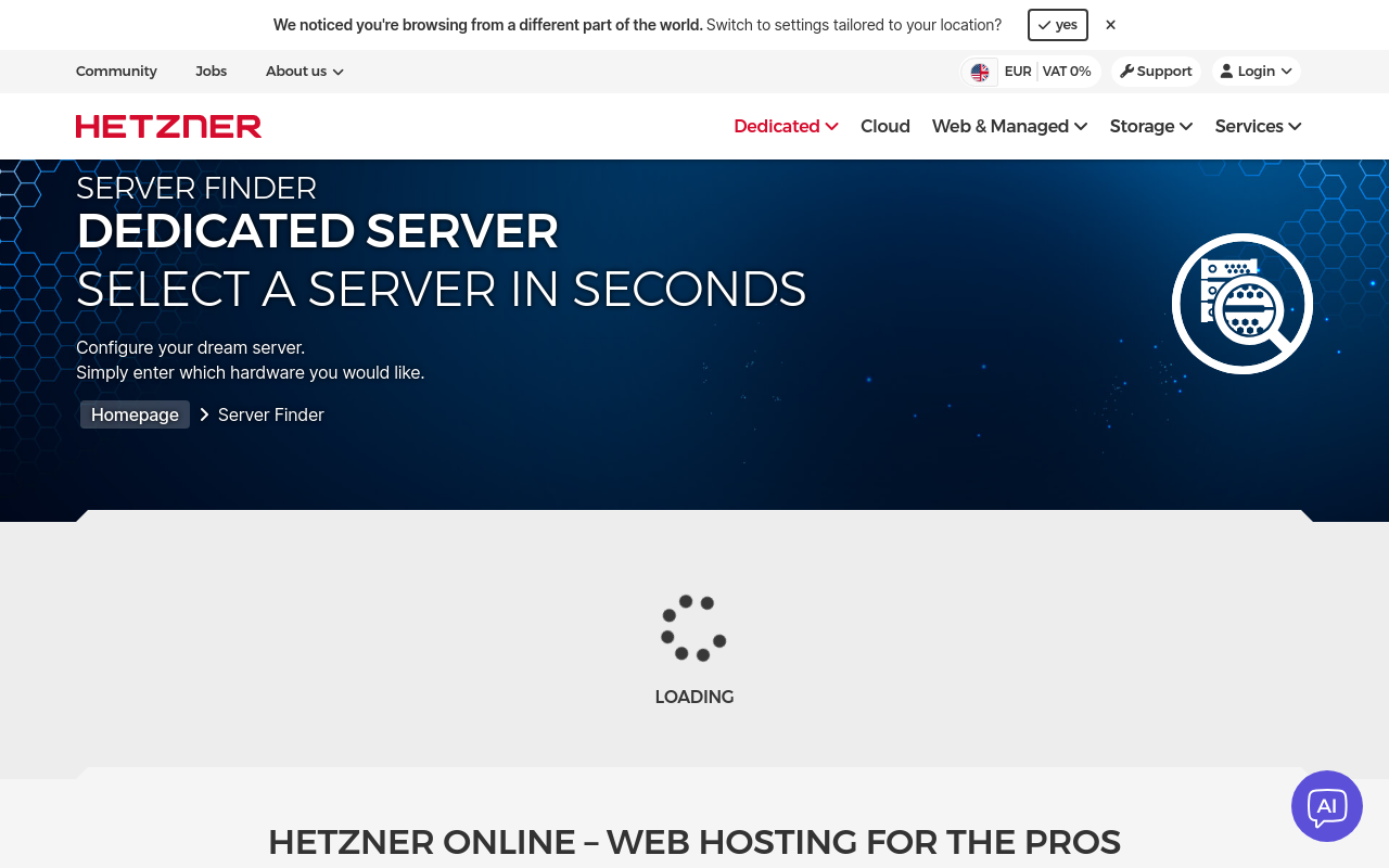 Hetzner Dedicated Server homepage screenshot
