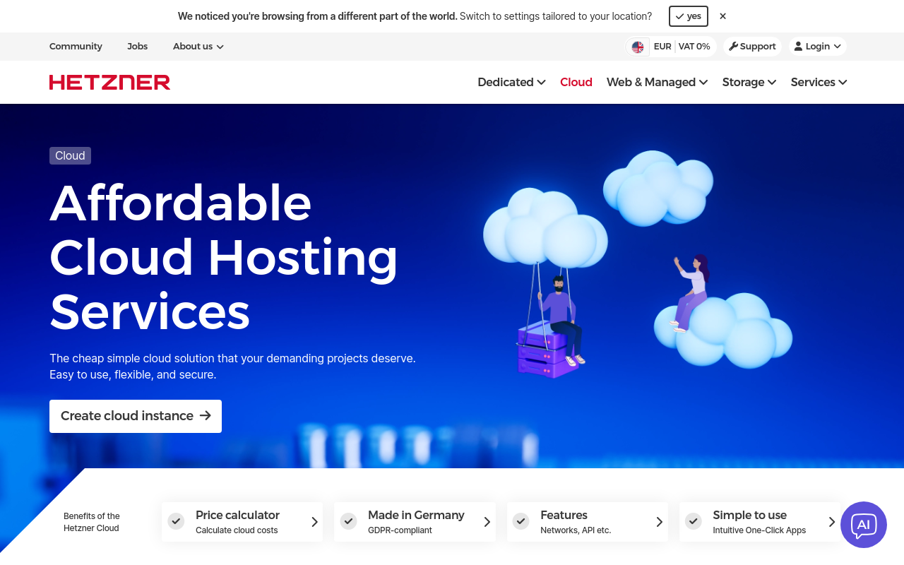 Hetzner Cloud homepage screenshot