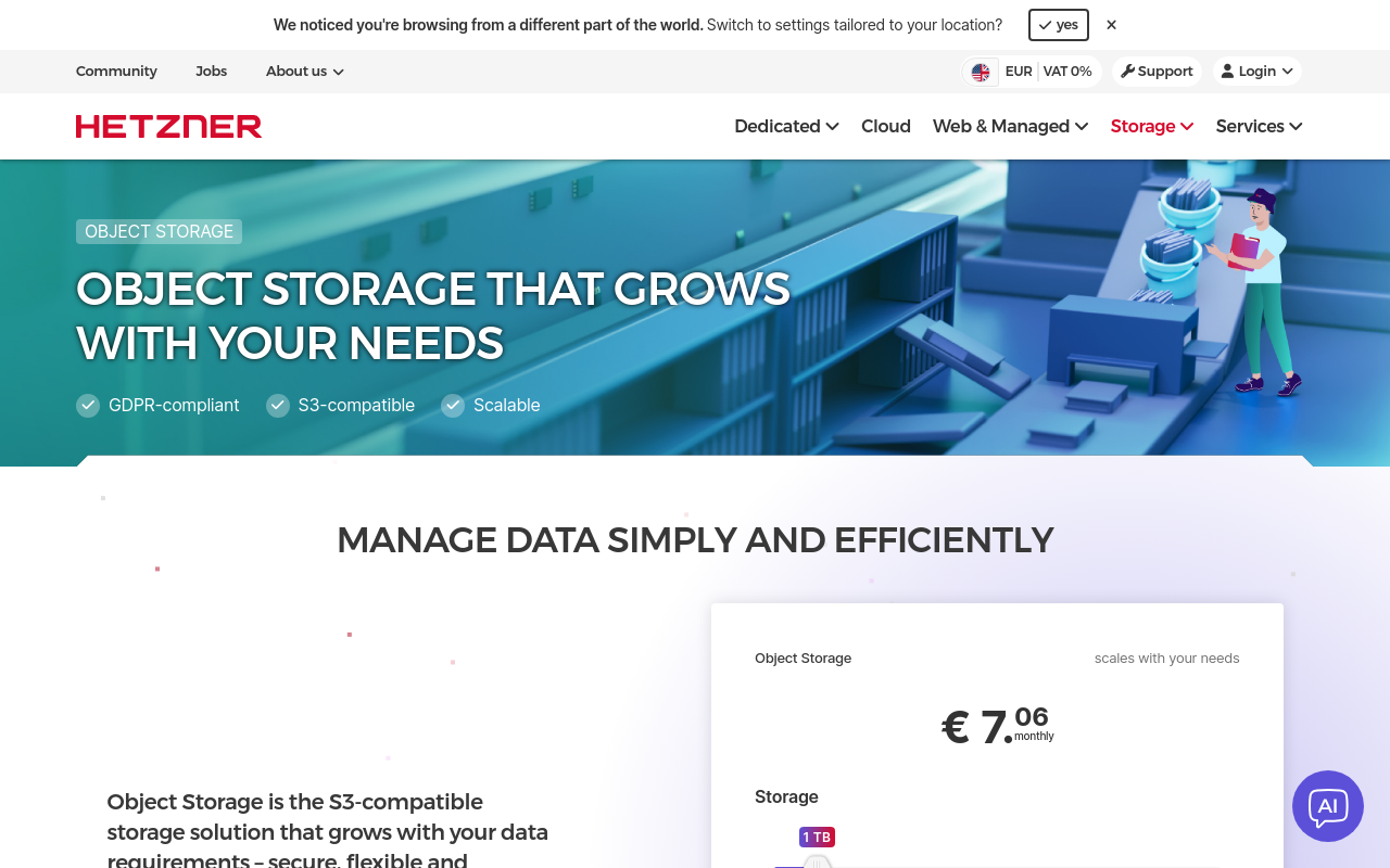 Hetzner Object Storage homepage screenshot